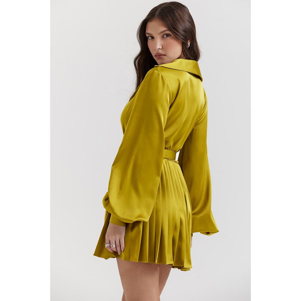 House of CB Allegra chartreuse pleated shirt dress NWOT Authentic - Picture 4 of 4
